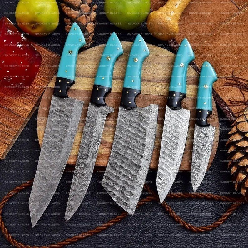 DAMASCUS BBQ Knives, Hand Forged on Fire, Sharp High Quality Kitchen Knives  Set, Best ANNIVERSARY Gift for Her, Hand Sharpened Chef Knives 