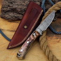 Custom Handmade Skinning Knife with Full Tang Damascus Steel Blade and Mountain Sheep Horn Handle - 7.25 Inches