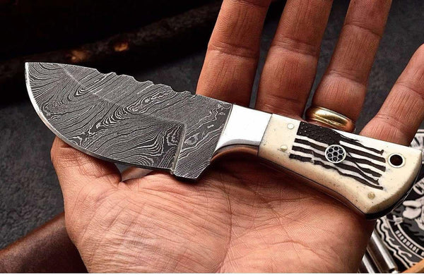 Handmade Flag Engraved Damascus Steel Skinning Knife