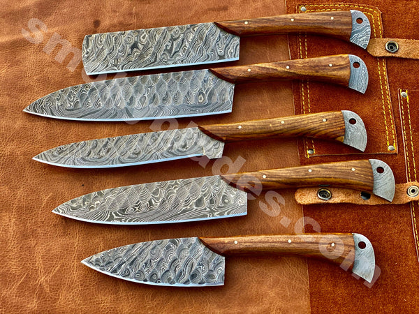Custom made forged Damascus steel chef BBQ knives set